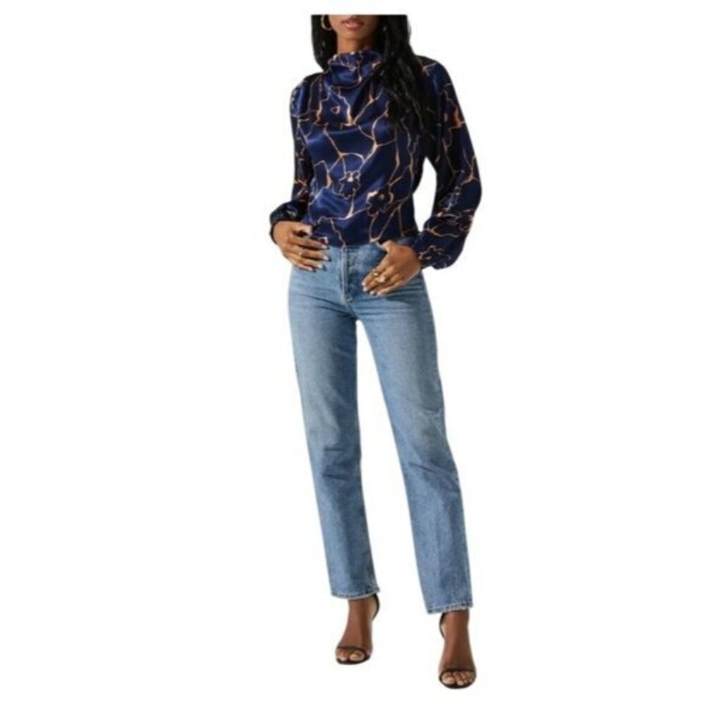 ASTR The Label Womens Veronica Top Satin Cowl Neck Long Sleeve Navy Taupe Medium